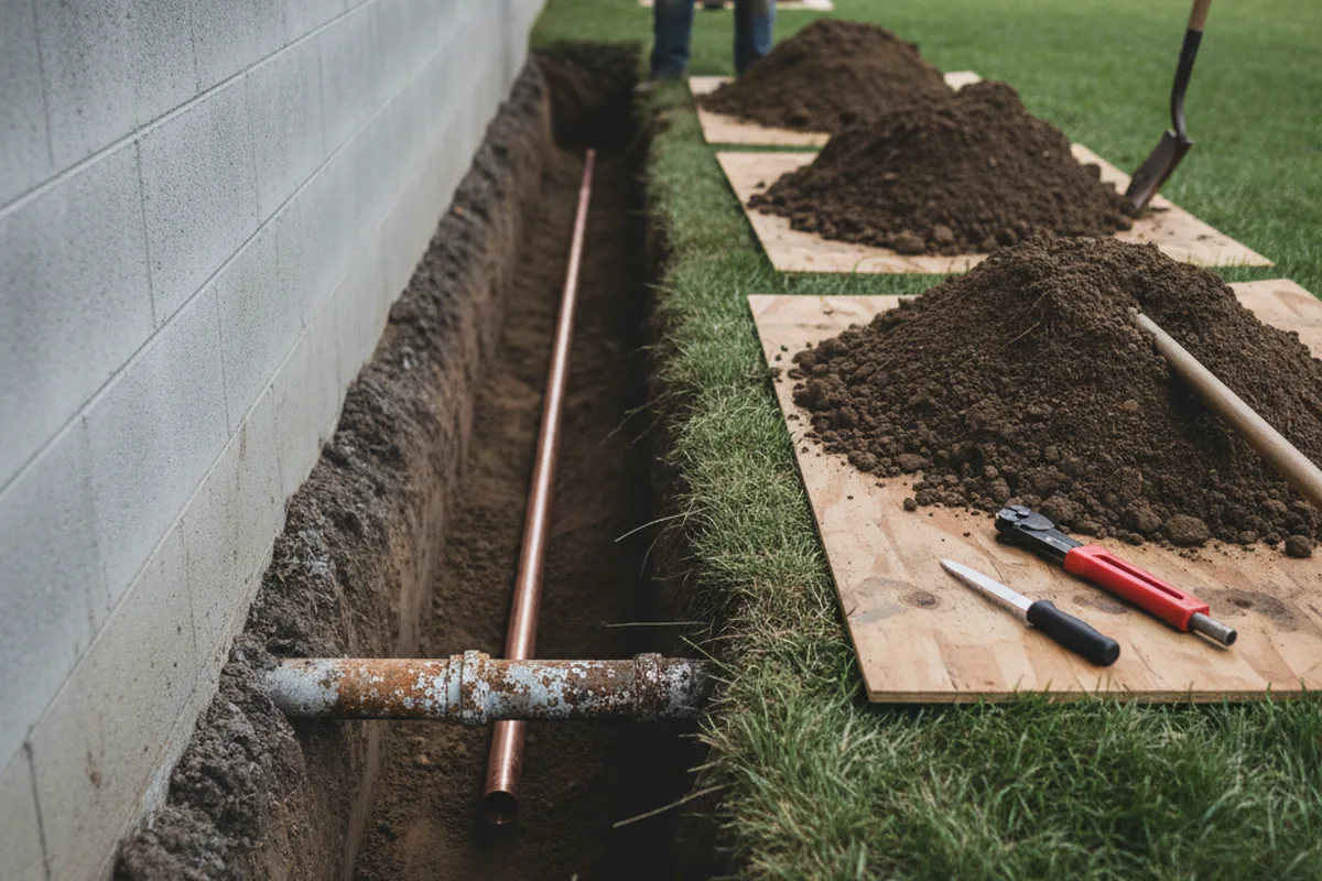 Excavated water line trench during Water Softener Installation in Bicknell